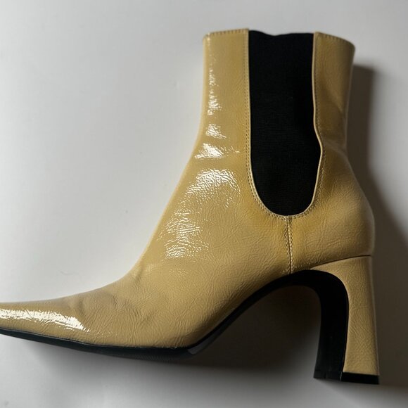 New ZARA Leather Patent Beige High Heel Ankle Boots Bootie Elastic Square toe 7 - Picture 10 of 11